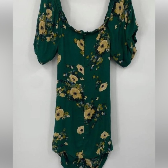 NWOT URBAN OUTFITTERS FLORAL PRINTED RUCHED MINI OFF THE SHOULDER DRESS GREEN - Picture 11 of 13